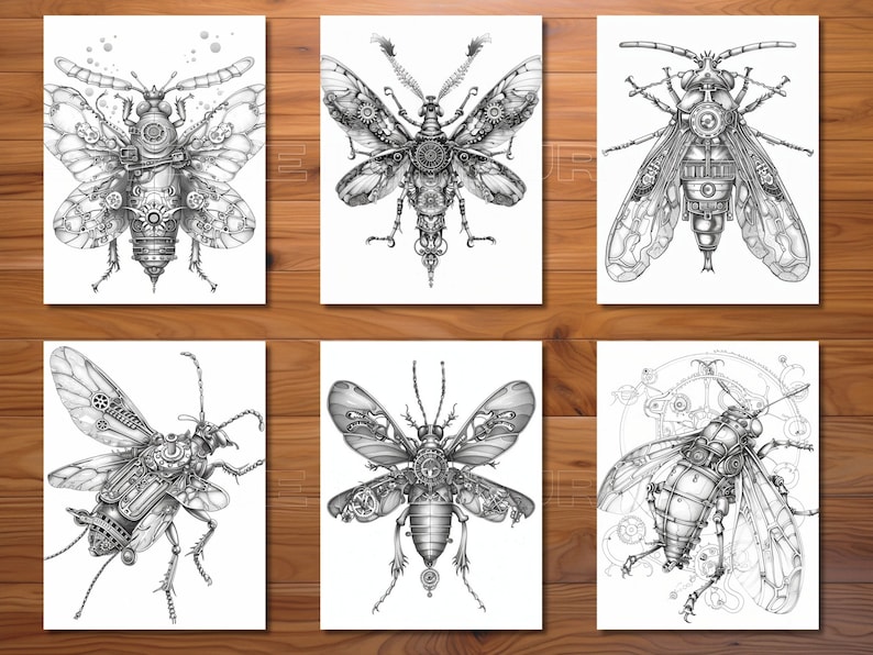 Puede incluir: Seis ilustraciones en blanco y negro de insectos de estilo steampunk con engranajes y detalles intrincados. Cada insecto tiene un dise&ntilde;o &uacute;nico y est&aacute; dibujado en un estilo realista.