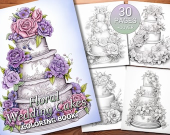 30 Floral Wedding Cakes Coloring Page Book - Adults + Kids - Instant Download - Grayscale Coloring Page - Printable PDF