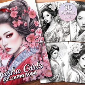 30 Geisha Girls Coloring Page Book - Adults + Kids - Instant Download - Grayscale Coloring Page - Printable PDF