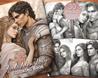30 Libro de páginas para colorear de Amor Prohibido - Adultos + Niños - Descarga instantánea - Página para colorear en escala de grises - PDF imprimible