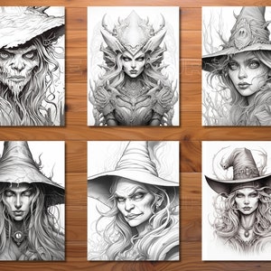 May include: Six black and white illustrations of women wearing witch hats. The women have long hair and are drawn in a realistic style.