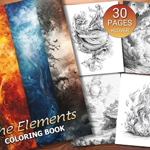 Könnte beinhalten: Ein Malbuch mit dem Titel "The Elements Coloring Book" mit einem Cover, das vier verschiedene Elemente zeigt: Erde, Feuer, Wasser und Luft. Das Buch hat 30 Seiten plus ein Cover.