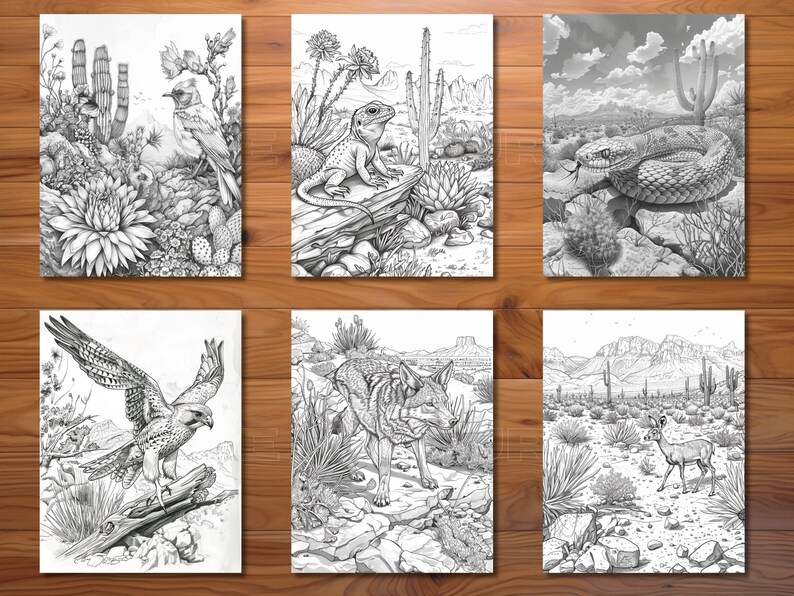 May include: Six black and white illustrations of desert wildlife and landscapes. The images include a bird, a lizard, a snake, a hawk, a coyote, and a deer, all set against a backdrop of cacti, rocks, and mountains. The drawings are detailed and suitable for coloring.
