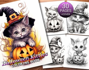 30 Halloween Kitties Coloring Page Book - Adults + Kids - Instant Download - Grayscale Coloring Page - Printable PDF