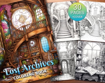 30 Lost Archives Coloring Page Book - Adults + Kids - Instant Download - Grayscale Coloring Page - Printable PDF