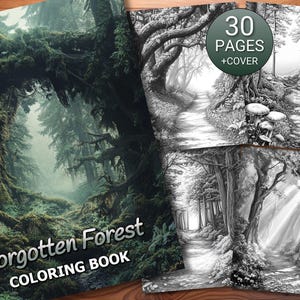 30 Forgotten Forest Coloring Page Book - Adults + Kids - Instant Download - Grayscale Coloring Page - Printable PDF