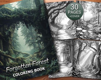 Puede incluir: Un libro para colorear titulado "Forgotten Forest Coloring Book" con una imagen de portada de un bosque exuberante y verde con un camino que conduce a la distancia. El libro incluye 30 páginas más una portada.