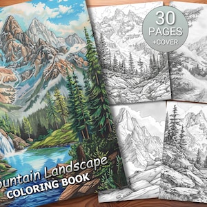 30 Mountain Landscape Coloring Page Book - Adults + Kids - Instant Download - Grayscale Coloring Page - Printable PDF