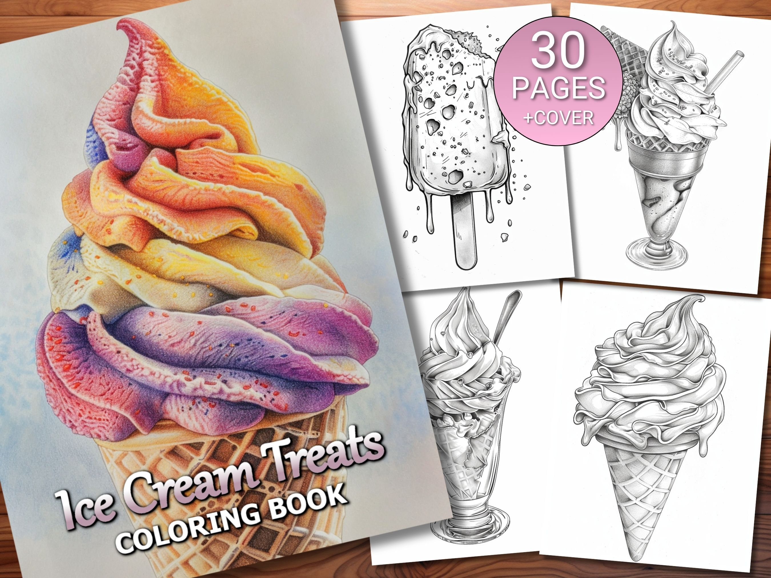 30 Ice Cream Treats Coloring Page Book - Adults + Kids - Instant Download - Grayscale Coloring Page - Printable PDF