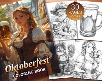 Pode incluir: Um livro para colorir com o título "Oktoberfest Coloring Book" e uma ilustração de uma mulher segurando uma caneca de cerveja. O livro inclui 30 páginas mais uma capa e apresenta ilustrações de pessoas, canecas de cerveja e outras imagens com tema Oktoberfest.