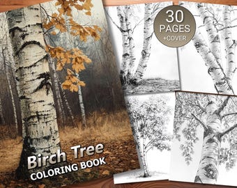 30 Birch Tree Coloring Page Book - Adults + Kids - Instant Download - Grayscale Coloring Page - Printable PDF