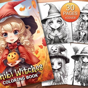 30 Chibi Witches Coloring Page Book - Adults + Kids - Instant Download - Grayscale Coloring Page - Printable PDF