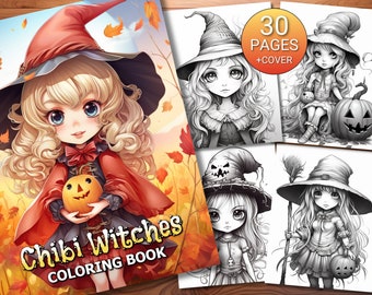 Könnte beinhalten: Ein Malbuch mit niedlichen Chibi-Hexen mit großen Augen und fantasievollen Hüten. Der Umschlag zeigt eine Hexe, die eine Kürbislaterne hält. Das Buch enthält 30 Seiten plus einen Umschlag.
