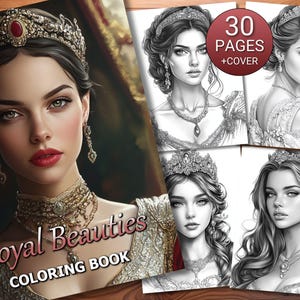 30 Royal Beauties Coloring Page Book - Adults + Kids - Instant Download - Grayscale Coloring Page - Printable PDF