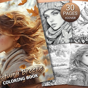 May include: An Autumn Breeze coloring book featuring a cover with a person in a scarf surrounded by falling leaves. The book includes 30 pages plus a cover, with black and white line art illustrations of people and autumn landscapes.