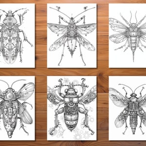 Puede incluir: Seis ilustraciones en blanco y negro de insectos steampunk con detalles intrincados. Cada insecto est&aacute; dibujado en un estilo realista con engranajes, ruedas dentadas y otros elementos mec&aacute;nicos.