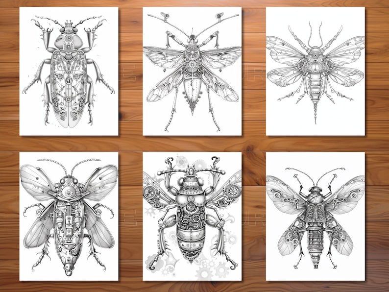 Puede incluir: Seis ilustraciones en blanco y negro de insectos steampunk con detalles intrincados. Cada insecto est&aacute; dibujado en un estilo realista con engranajes, ruedas dentadas y otros elementos mec&aacute;nicos.