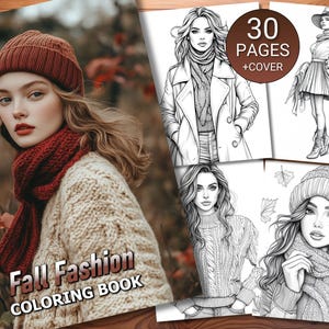Libro para colorear de 30 páginas de moda de otoño - Adultos y niños - Descarga instantánea - Página para colorear en escala de grises - PDF imprimible