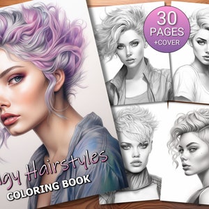 30 Edgy Hairstyles Coloring Page Book - Adults + Kids - Instant Download - Grayscale Coloring Page - Printable PDF
