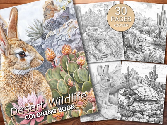 30 Desert Wildlife Coloring Page Book - Adults + Kids - Instant Download - Grayscale Coloring Page - Printable PDF