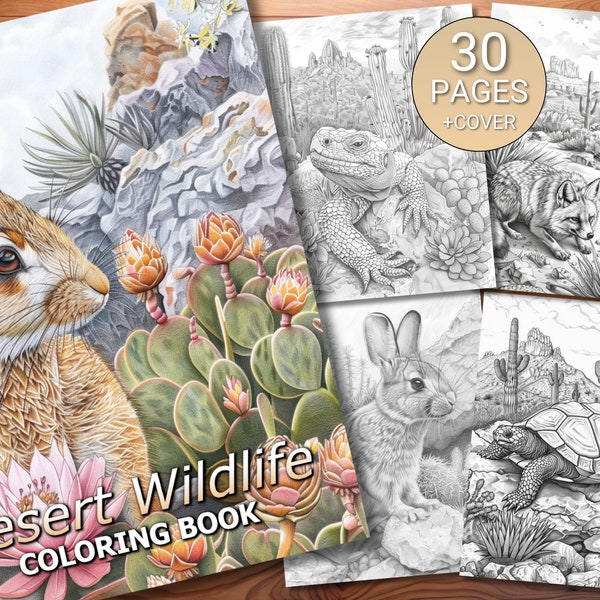 30 Desert Wildlife Coloring Page Book - Adults + Kids - Instant Download - Grayscale Coloring Page - Printable PDF