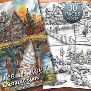 30 Lake House Coloring Page Book - Adults + Kids - Instant Download - Grayscale Coloring Page - Printable PDF
