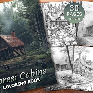 30 Forest Cabins Coloring Page Book - Adults + Kids - Instant Download - Grayscale Coloring Page - Printable PDF