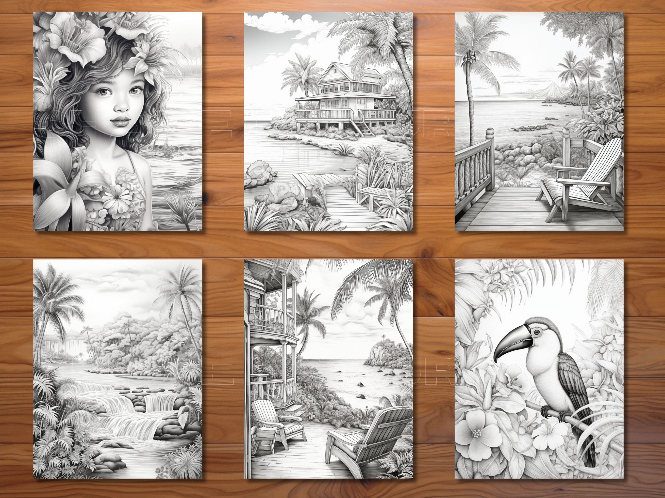 30 Tropical Paradise Coloring Page Book - Adults + Kids - Instant ...