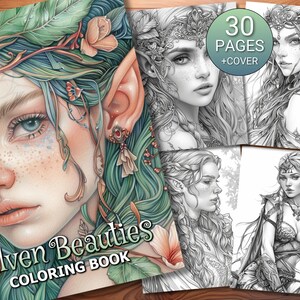 30 Elven Beauties Coloring Page Book - Adults + Kids - Instant Download - Grayscale Coloring Page - Printable PDF