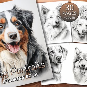 May include: A colouring book featuring 30 pages of dog portraits, including a Bernese Mountain Dog, a Husky, a Golden Retriever, and a Labrador Retriever. The cover features a Bernese Mountain Dog with the title "Dog Portraits Colouring Book".