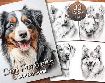 30 Dog Portraits Coloring Page Book - Adults + Kids - Instant Download - Grayscale Coloring Page - Printable PDF