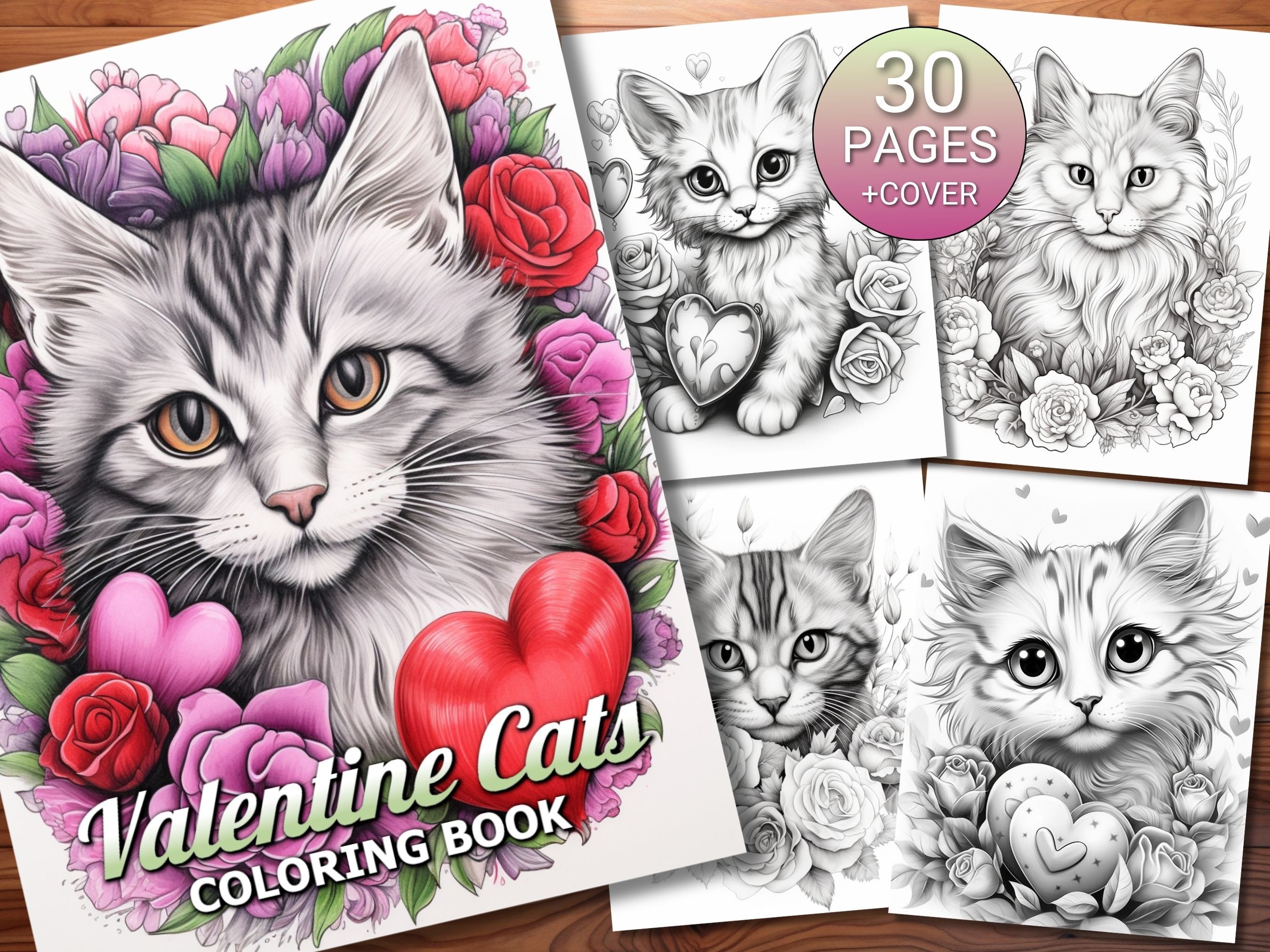30 Valentine Cats Coloring Page Book Adults Kids Instant Download