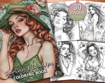 30 Spring Pin-Ups Coloring Page Book - Adults + Kids - Instant Download - Grayscale Coloring Page - Printable PDF