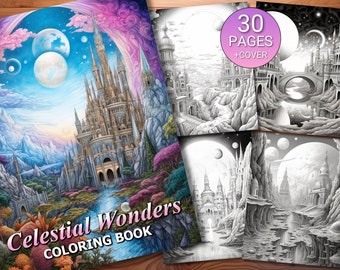 Libro de páginas para colorear de 30 maravillas celestiales - Adultos + Niños - Descarga instantánea - Página para colorear en escala de grises - PDF imprimible