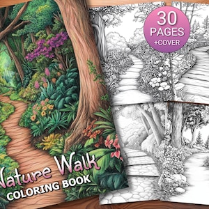 30 Nature Walk Coloring Page Book - Adults + Kids - Instant Download - Grayscale Coloring Page - Printable PDF