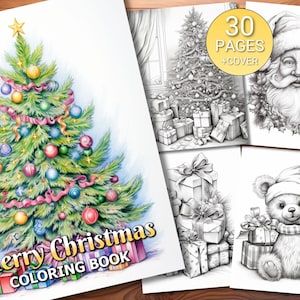 30 Merry Christmas Coloring Page Book - Adults + Kids - Instant Download - Grayscale Coloring Page - Printable PDF