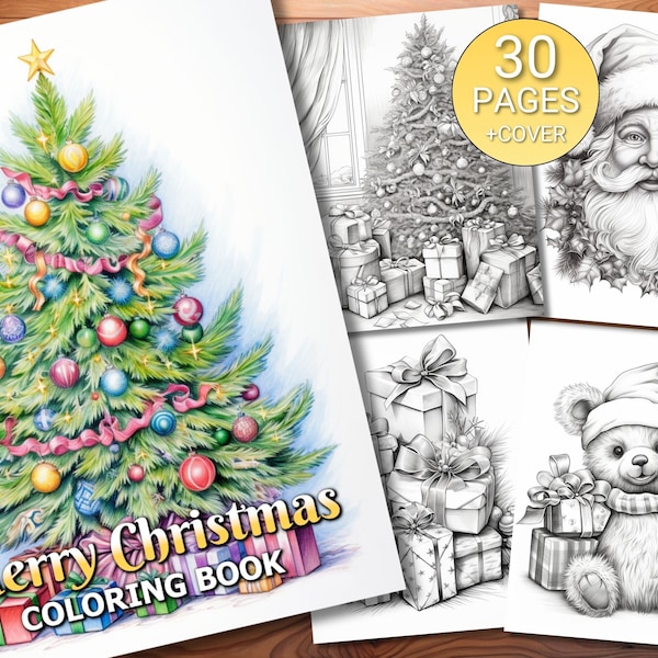 30 Merry Christmas Coloring Page Book - Adults + Kids - Instant Download - Grayscale Coloring Page - Printable PDF