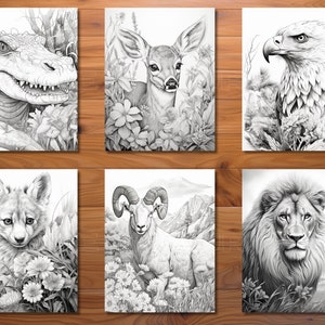 K&ouml;nnte beinhalten: Ein Set mit sechs Schwarzwei&szlig;illustrationen, die verschiedene Tiere zeigen, darunter einen Alligator, ein Reh, einen Adler, einen Fuchs, einen Widder und einen L&ouml;wen. Jedes Tier ist in einem realistischen Stil mit aufwendigen Details dargestellt und von Laub umgeben.