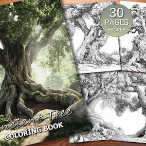 May include: A coloring book with a cover image of a large, ancient tree with thick roots and green leaves. The title of the book is "Ancient Tree Coloring Book". The book contains 30 pages of intricate drawings of trees for coloring.