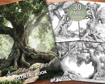 30 Ancient Tree Coloring Page Book - Adults + Kids - Instant Download - Grayscale Coloring Page - Printable PDF