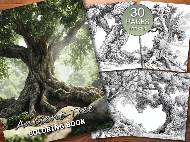 Puede incluir: Un libro para colorear con una imagen de portada de un gran &aacute;rbol antiguo con ra&iacute;ces gruesas y hojas verdes. El t&iacute;tulo del libro es "Ancient Tree Coloring Book". El libro contiene 30 p&aacute;ginas de dibujos intrincados de &aacute;rboles para colorear.