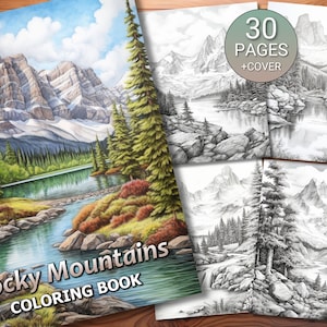 30 Rocky Mountains Coloring Page Book - Adults + Kids - Instant Download - Grayscale Coloring Page - Printable PDF