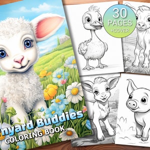 30 Barnyard Buddies Coloring Page Book - Adults + Kids - Instant Download - Grayscale Coloring Page - Printable PDF