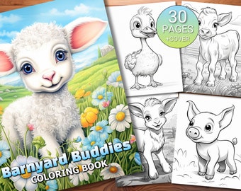 30 Barnyard Buddies Kolorowanka Książka - Dorośli + Dzieci - Natychmiastowe Pobieranie - Kolorowanka Skala Szarości - Wydrukuj PDF