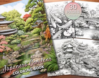 30 Japanese Gardens Coloring Page Book - Adults + Kids - Instant Download - Grayscale Coloring Page - Printable PDF