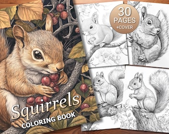 30 Squirrels Coloring Page Book - Adults + Kids - Instant Download - Grayscale Coloring Page - Printable PDF