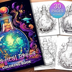 30 Magical Brews Coloring Page Book - Adults + Kids - Instant Download - Grayscale Coloring Page - Printable PDF