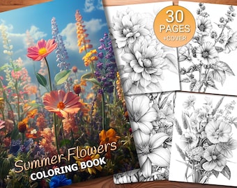Puede incluir: Un libro para colorear titulado "Summer Flowers" con una vibrante portada floral con flores rosas, naranjas y amarillas sobre un cielo azul. El libro incluye 30 páginas de ilustraciones florales en blanco y negro.