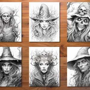 May include: Six black and white illustrations of women with witchy themes. Each illustration features a woman with long hair, wearing a witch's hat and a variety of accessories. The illustrations are drawn in a realistic style.