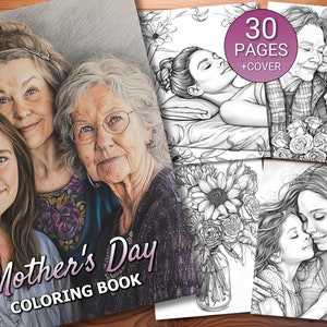 30 Mother&#39;s Day Coloring Page Book - Adults + Kids - Instant Download - Grayscale Coloring Page - Printable PDF